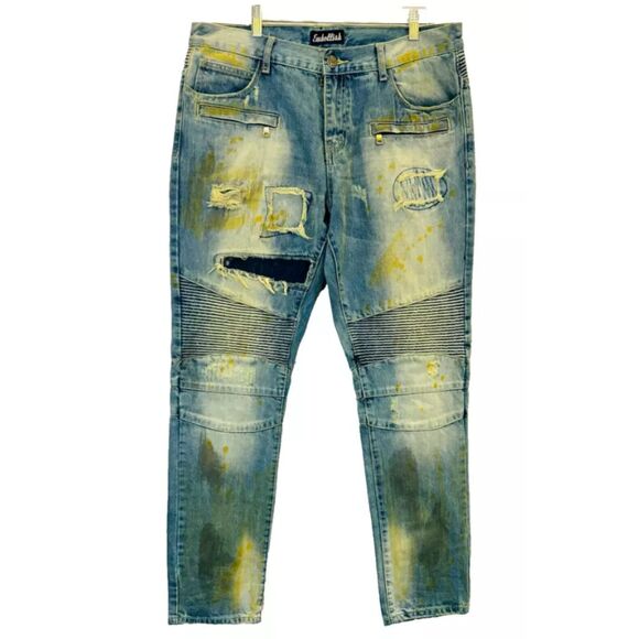 Embellish Mens Jeans 38 x 33 Distressed Destroyed‎ Biker Moto Gold Blue Denim - Picture 1 of 14